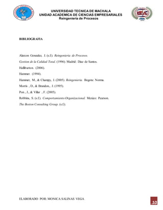 UNIVERSIDAD TECNICA DE MACHALA
UNIDAD ACADEMICA DE CIENCIAS EMPRESARIALES
Reingeniería de Procesos
ELABORADO POR: MONICA SALINAS VEGA
10
BIBLIOGRAFIA
Alarcon Gonzalez, J. (s.f.). Reingenieria de Procesos.
Gestion de la Calidad Total. (1996). Madrid: Diaz de Santos.
Halliburton. (2006).
Hammer. (1994).
Hammer, M., & Champy, J. (2005). Reingenieria. Bogota: Norma.
Morris , D., & Brandon., J. (1995).
Pon , J., & Villar , F. (2005).
Robbins, S. (s.f.). Comportamiento Organizacional. Mexico: Pearson.
The Boston Consulting Group. (s.f.).
 