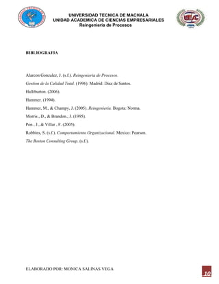 UNIVERSIDAD TECNICA DE MACHALA
UNIDAD ACADEMICA DE CIENCIAS EMPRESARIALES
Reingeniería de Procesos
ELABORADO POR: MONICA SALINAS VEGA
10
BIBLIOGRAFIA
Alarcon Gonzalez, J. (s.f.). Reingenieria de Procesos.
Gestion de la Calidad Total. (1996). Madrid: Diaz de Santos.
Halliburton. (2006).
Hammer. (1994).
Hammer, M., & Champy, J. (2005). Reingenieria. Bogota: Norma.
Morris , D., & Brandon., J. (1995).
Pon , J., & Villar , F. (2005).
Robbins, S. (s.f.). Comportamiento Organizacional. Mexico: Pearson.
The Boston Consulting Group. (s.f.).
 