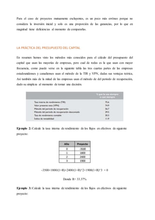 Para el caso de proyectos mutuamente excluyentes, es un poco más erróneo porque no
considera la inversión inicial y solo es una proporción de las ganancias, por lo que en
magnitud tiene deficiencias al momento de compararlas.
LA PRÁCTICA DEL PRESUPUESTO DEL CAPITAL
En resumen hemos visto los métodos más conocidos para el cálculo del presupuesto del
capital que usan las mayorías de empresas, pero cual de todas es la que usan con mayor
frecuencia, como puede verse en la siguiente tabla las tres cuartas partes de las empresas
estadounidenses y canadienses usan el método de la TIR y VPN, dadas sus ventajas teórica,
Así también más de la mitad de las empresas usan el método de del periodo de recuperación,
dado su simpleza al momento de tomar una decisión.
Ejemplo 2: Calcule la tasa interna de rendimiento de los flujos en efectivos de siguiente
proyecto:
-3500+1800/(1+R)+2400/(1+R)^2+1900(1+R)^3 = 0
Donde R= 33.37%
Ejemplo 3: Calcule la tasa interna de rendimiento de los flujos en efectivos de siguiente
proyecto:
Año Proyecto
0 -3500
1 1800
2 2400
3 1900
 