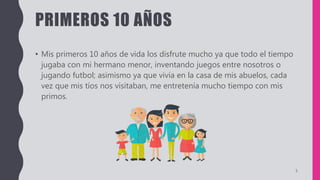 PRIMEROS 10 AÑOS
• Mis primeros 10 años de vida los disfrute mucho ya que todo el tiempo
jugaba con mi hermano menor, inventando juegos entre nosotros o
jugando futbol; asimismo ya que vivía en la casa de mis abuelos, cada
vez que mis tíos nos visitaban, me entretenía mucho tiempo con mis
primos.
5
 
