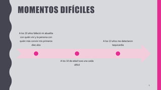 MOMENTOS DIFÍCILES
A los 10 años falleció mi abuelita
con quién viví y la persona con
quién más conviví mis primeros
diez alos
A los 10 de edad tuve una caída
difícil
A los 13 años me detectaron
taquicardia
9
 