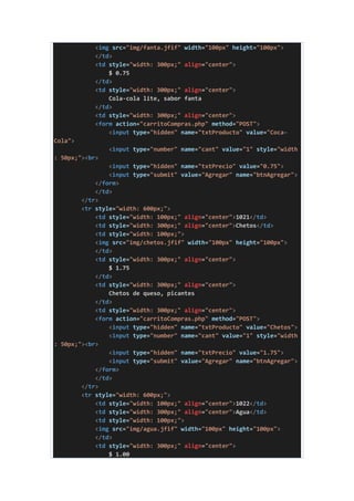 <img src="img/fanta.jfif" width="100px" height="100px">
</td>
<td style="width: 300px;" align="center">
$ 0.75
</td>
<td style="width: 300px;" align="center">
Cola-cola lite, sabor fanta
</td>
<td style="width: 300px;" align="center">
<form action="carritoCompras.php" method="POST">
<input type="hidden" name="txtProducto" value="Coca-
Cola">
<input type="number" name="cant" value="1" style="width
: 50px;"><br>
<input type="hidden" name="txtPrecio" value="0.75">
<input type="submit" value="Agregar" name="btnAgregar">
</form>
</td>
</tr>
<tr style="width: 600px;">
<td style="width: 100px;" align="center">1021</td>
<td style="width: 300px;" align="center">Chetos</td>
<td style="width: 100px;">
<img src="img/chetos.jfif" width="100px" height="100px">
</td>
<td style="width: 300px;" align="center">
$ 1.75
</td>
<td style="width: 300px;" align="center">
Chetos de queso, picantes
</td>
<td style="width: 300px;" align="center">
<form action="carritoCompras.php" method="POST">
<input type="hidden" name="txtProducto" value="Chetos">
<input type="number" name="cant" value="1" style="width
: 50px;"><br>
<input type="hidden" name="txtPrecio" value="1.75">
<input type="submit" value="Agregar" name="btnAgregar">
</form>
</td>
</tr>
<tr style="width: 600px;">
<td style="width: 100px;" align="center">1022</td>
<td style="width: 300px;" align="center">Agua</td>
<td style="width: 100px;">
<img src="img/agua.jfif" width="100px" height="100px">
</td>
<td style="width: 300px;" align="center">
$ 1.00
 