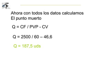 Ahora con todos los datos calculamos
El punto muerto
Q = CF / PVP - CV
Q = 2500 / 60 – 46,6
Q = 187,5 uds
 