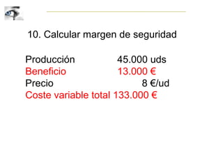 10. Calcular margen de seguridad
Producción 45.000 uds
Beneficio 13.000 €
Precio 8 €/ud
Coste variable total 133.000 €
 