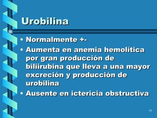 Urobilina Normalmente +- Aumenta en anemia hemolítica por gran producción de biliirubina que lleva a una mayor excreción y producción de urobilina Ausente en ictericia obstructiva 