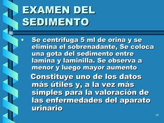 EXAMEN DEL SEDIMENTO Se centrifuga 5 ml de orina y se elimina el sobrenadante, Se coloca una gota del sedimento entre lamina y laminilla. Se observa a menor y luego mayor aumento Constituye uno de los datos más útiles y, a la vez más simples para la valoración de las enfermedades del aparato urinario 