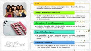 • Las mujeres blancas son un poco más propensas a desarrollar cáncer de
mama que las mujeres afroamericanas
Raza
• Recibir terapia de radiación en la zona del tórax en una edad temprana
como tratamiento para otro cáncer aumenta significativamente el riesgo
de cáncer de mama
Terapia de radiación en el tórax
• Cualquier alteración atípica de las células mamarias que se detecte en
una biopsia puede ser un factor de riesgo
Alteraciones de las células mamarias
• la exposición a esta hormona durante períodos prolongados
ininterrumpidos puede aumentar el riesgo de que se forme cáncer de
mama
Exposición al estrógeno
• reducen la cantidad total de ciclos menstruales en la vida de una mujer,
y esto parece reducir el riesgo de cáncer de mama
Embarazo y lactancia
 