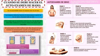 CUANDO SE DEBE HACER EL
AUTO-EXAMEN DE MAMA
Es recomendable hacer el examen una vez al mes
Las mujeres deberían hacerse el autoexamen a partir de
los 20 años y durante toda su vida
Una mujer que se encuentra entre los 20 y los 39 años de
edad debe realizarse un examen clínico de mama cada
tres años
El autoexamen se debe realizar ocho días después de que
termine la menstruación cuando ya ha disminuido la
congestión mamaria pre menstrual
 