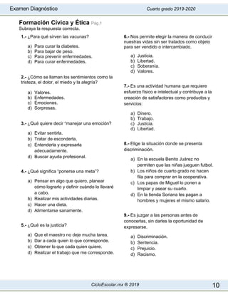 Examen Diagnóstico Cuarto grado 2019-2020
CicloEscolar.mx ® 2019 10
Formación Cívica y Ética Pág.1
Subraya la respuesta correcta.
1.- ¿Para qué sirven las vacunas?
a) Para curar la diabetes.
b) Para bajar de peso.
c) Para prevenir enfermedades.
d) Para curar enfermedades.
2.- ¿Cómo se llaman los sentimientos como la
tristeza, el dolor, el miedo y la alegría?
a) Valores.
b) Enfermedades.
c) Emociones.
d) Sorpresas.
3.- ¿Qué quiere decir “manejar una emoción?
a) Evitar sentirla.
b) Tratar de esconderla.
c) Entenderla y expresarla
adecuadamente.
d) Buscar ayuda profesional.
4.- ¿Qué significa “ponerse una meta”?
a) Pensar en algo que quiero, planear
cómo lograrlo y definir cuándo lo llevaré
a cabo.
b) Realizar mis actividades diarias.
c) Hacer una dieta.
d) Alimentarse sanamente.
5.- ¿Qué es la justicia?
a) Que el maestro no deje mucha tarea.
b) Dar a cada quien lo que corresponde.
c) Obtener lo que cada quien quiere.
d) Realizar el trabajo que me corresponde.
6.- Nos permite elegir la manera de conducir
nuestras vidas sin ser tratados como objeto
para ser vendido o intercambiado.
a) Justicia.
b) Libertad.
c) Soberanía.
d) Valores.
7.- Es una actividad humana que requiere
esfuerzo físico e intelectual y contribuye a la
creación de satisfactores como productos y
servicios:
a) Dinero.
b) Trabajo.
c) Justicia.
d) Libertad.
8.- Elige la situación donde se presenta
discriminación.
a) En la escuela Benito Juárez no
permiten que las niñas jueguen futbol.
b) Los niños de cuarto grado no hacen
fila para comprar en la cooperativa.
c) Los papas de Miguel lo ponen a
limpiar y asear su cuarto.
d) En la tienda Soriana les pagan a
hombres y mujeres el mismo salario.
9.- Es juzgar a las personas antes de
conocerlas, sin darles la oportunidad de
expresarse.
a) Discriminación.
b) Sentencia.
c) Prejuicio.
d) Racismo.
 