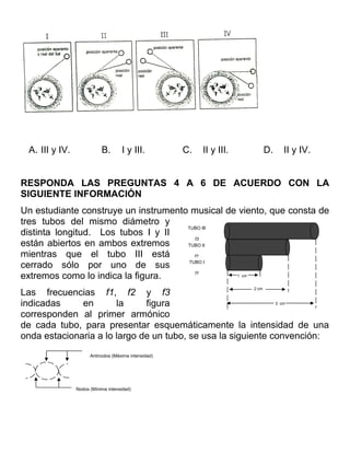 A. III y IV.              B.       I y III.          C.   II y III.          D.   II y IV.


RESPONDA LAS PREGUNTAS 4 A 6 DE ACUERDO CON LA
SIGUIENTE INFORMACIÓN
Un estudiante construye un instrumento musical de viento, que consta de
tres tubos del mismo diámetro y
                                      TUBO III
distinta longitud. Los tubos I y II
                                        f3
están abiertos en ambos extremos      TUBO II

mientras que el tubo III está           f2

cerrado sólo por uno de sus           TUBO I


extremos como lo indica la figura.      f1
                                                 1 cm


                                                                       2 cm
Las frecuencias f1, f2 y f3
indicadas     en       la     figura                          3 cm


corresponden al primer armónico
de cada tubo, para presentar esquemáticamente la intensidad de una
onda estacionaria a lo largo de un tubo, se usa la siguiente convención:
                      Antinodos (Máxima intensidad)




                Nodos (Mínima intensidad)
 