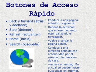Botones de Acceso Rápido Back y forward (atrás y adelante) Stop (detener) Refresh (actualizar) Home (inicio) Search (búsqueda ) Conduce a una pagina anterior o siguiente. Detiene la actividad que en ese momento esté realizando el navegador. Vuelve a cargar la pagina actual. Conduce a una dirección definida con anterioridad por el usuario o la dirección de casa. conduce a una pág. En al cual se pueden hacer búsquedas en internet.  