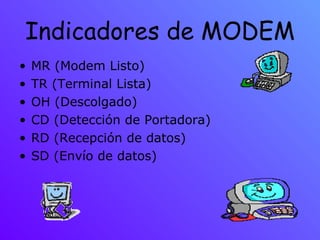 Indicadores de MODEM MR (Modem Listo) TR (Terminal Lista) OH (Descolgado) CD (Detección de Portadora) RD (Recepción de datos) SD (Envío de datos) 