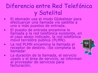 Diferencia entre Red Telefónica y Satelital   El abonado usa el modo Globalstar para efectuarcar una llamada vía satélite a uno o más puestos de entrada.  El puesto de entrada encamina la llamada a la red telefónica existente, en el caso abajo indicado, la red telefónica móvil terrestre pública (PLMN).  La red PLMN encamina la llamada al receptor de destino. ¡Se completa la llamada!  La duración de la llamada, el servicio usado y el área de servicio, se informan al proveedor de servicios para facturación.   