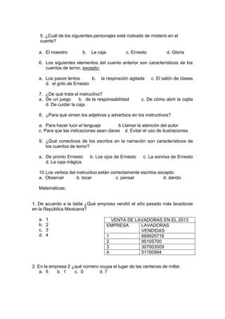 5. ¿Cuál de los siguientes personajes está rodeado de misterio en el
cuento?
a. El maestro b. La caja c. Ernesto d. Gloria
6. Los siguientes elementos del cuento anterior son característicos de los
cuentos de terror, excepto:
a. Los pasos lentos b. la respiración agitada c. El salón de clases
d. el grito de Ernesto
7. ¿De qué trata el instructivo?
a. De un juego b. de la responsabilidad c. De cómo abrir la cajita
d. De cuidar la caja.
8. ¿Para qué sirven los adjetivos y adverbios en los instructivos?
a. Para hacer lucir el lenguaje b Llamar la atención del autor
c. Para que las indicaciones sean claras d. Evitar el uso de ilustraciones.
9. ¿Qué conectivos de los escritos en la narración son característicos de
los cuentos de terror?
a. De pronto Ernesto b. Los ojos de Ernesto c. La sonrisa de Ernesto
d. La caja mágica.
10.Los verbos del instructivo están correctamente escritos excepto:
a. Observar b. tocar c. pensar d. dando
Matemáticas:
1. De acuerdo a la tabla ¿Qué empresa vendió el año pasado más lavadoras
en la República Mexicana?
a. 1
b. 2
c. 3
d. 4
2. En la empresa 2 ¿qué número ocupa el lugar de las centenas de millar.
a. 5 b. 1 c. 0 d. 7
VENTA DE LAVADORAS EN EL 2013
EMPRESA LAVADORAS
VENDIDAS
1 889925718
2 95105700
3 307003009
4 51100994
 