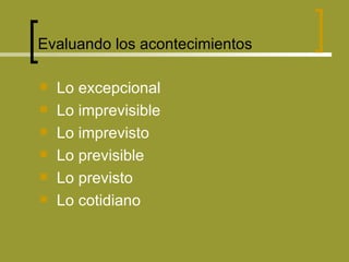 Evaluando los acontecimientos Lo excepcional  Lo imprevisible Lo imprevisto Lo previsible  Lo previsto  Lo cotidiano 