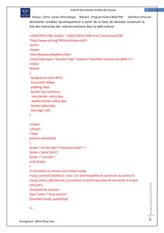 Enseignant : Mme Ouaz Ines
AnnéeScolaire2014-2015
6
6Institut Des Hautes Etudes de Sousse
Niveau : 2ème année Informatique Matière : Programmation Web PHP Nombres d’heures :
2Hdéroulante remplies dynamiquement à partir de la base de données contenant la
liste des matricules des voitures existants dans la table voiture.
<!DOCTYPE HTML PUBLIC "-//W3C//DTD HTML 4.01 Transitional//EN"
"http://www.w3.org/TR/html4/loose.dtd">
<html>
<head>
<title>Nouveau Modèle</title>
<meta http-equiv="Content-Type" content="text/html; charset=iso-8859-1">
<style>
fieldset
{
background-color:#CCC;
max-width:500px;
padding:16px;
border:2px solid blue;
-moz-border-radius:8px;
-webkit-border-radius:8px;
border-radius:8px;
text-align: left;
}
</style>
</head>
<?php
function alerte($ch)
{
$code="<script type="text/javascript">";
$code.="alert('$ch');";
$code.="</script>";
echo $code;
}
// connexion au serveur et à la base scoop
mysql_connect('localhost','root','') or die('Imposible de connecter au serveur');
mysql_select_db('vehicule_circulation') or die('Impossible de connecter à la base
vehicule');
//requete de selection
$sql="select * from voiture";
$resultat=mysql_query($sql);
?>
 