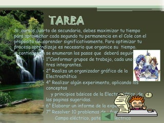 Si cursas cuarto de secundaria, debes maximizar tu tiempo
para aprovechar cada segundo tu permanencia en el Cole con el
propósito de aprender significativamente. Para optimizar tu
proceso aprendizaje es necesario que organice su tiempo.
A continuación se enumeran los pasos que deberá seguir:
             ▫ 1°Conformar grupos de trabajo, cada uno de
               tres integrantes.
             ▫ 2° Realiza un organizador gráfico de la
               Electrostática
             ▫ 4° Realizar algún experimento, aplicando los
               conceptos
                  y principios básicos de la Electrostática, de
               las paginas sugeridas.
             ▫ 6° Elaborar un informe de la experiencia
             ▫ 7° Resolver 10 problemas de : fuerza eléctrica,
                    Campo eléctrico, potencial eléctrico
 
