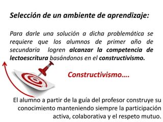 Selección de un ambiente de aprendizaje:
Para darle una solución a dicha problemática se
requiere que los alumnos de primer año de
secundaria logren alcanzar la competencia de
lectoescritura basándonos en el constructivismo.

Constructivismo….
El alumno a partir de la guía del profesor construye su
conocimiento manteniendo siempre la participación
activa, colaborativa y el respeto mutuo.

 