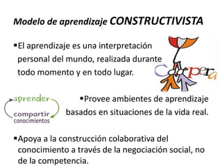 Modelo de aprendizaje CONSTRUCTIVISTA
El aprendizaje es una interpretación
personal del mundo, realizada durante
todo momento y en todo lugar.
Provee ambientes de aprendizaje
basados en situaciones de la vida real.
Apoya a la construcción colaborativa del
conocimiento a través de la negociación social, no
de la competencia.

 