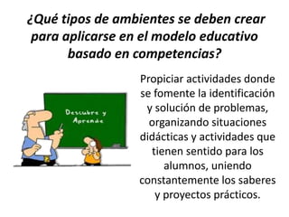 ¿Qué tipos de ambientes se deben crear
para aplicarse en el modelo educativo
basado en competencias?
Propiciar actividades donde
se fomente la identificación
y solución de problemas,
organizando situaciones
didácticas y actividades que
tienen sentido para los
alumnos, uniendo
constantemente los saberes
y proyectos prácticos.

 