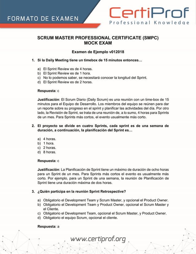 SCRUM MASTER PROFESSIONAL CERTIFICATE (SMPC) MOCK EXAM Examen de