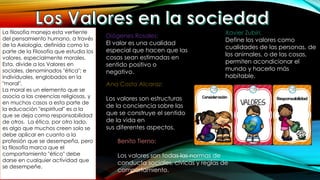 La filosofía maneja esta vertiente
del pensamiento humano, a través
de la Axiología, definida como la
parte de la Filosofía que estudia los
valores, especialmente morales.
Esta, divide a los Valores en
sociales, denominados "ética"; e
individuales, englobados en la
"moral".
La moral es un elemento que se
asocia a las creencias religiosas, y
en muchos casos a esta parte de
la educación "espiritual" es a la
que se deja como responsabilidad
de otros. La ética, por otro lado,
es algo que muchos creen solo se
debe aplicar en cuanto a la
profesión que se desempeña, pero
la filosofía marca que el
comportamiento "ético" debe
darse en cualquier actividad que
se desempeñe.
Diógenes Rosales:
El valor es una cualidad
especial que hacen que las
cosas sean estimadas en
sentido positivo o
negativo.
Benito Tierno:
Los valores son todas las normas de
conducta sociales, cívicas y reglas de
comportamiento.
Ana Costa Alcaraz:
Los valores son estructuras
de la conciencia sobre las
que se construye el sentido
de la vida en
sus diferentes aspectos.
Xavier Zubiri:
Define los valores como
cualidades de las personas, de
los animales, o de las cosas,
permiten acondicionar el
mundo y hacerlo más
habitable.
 