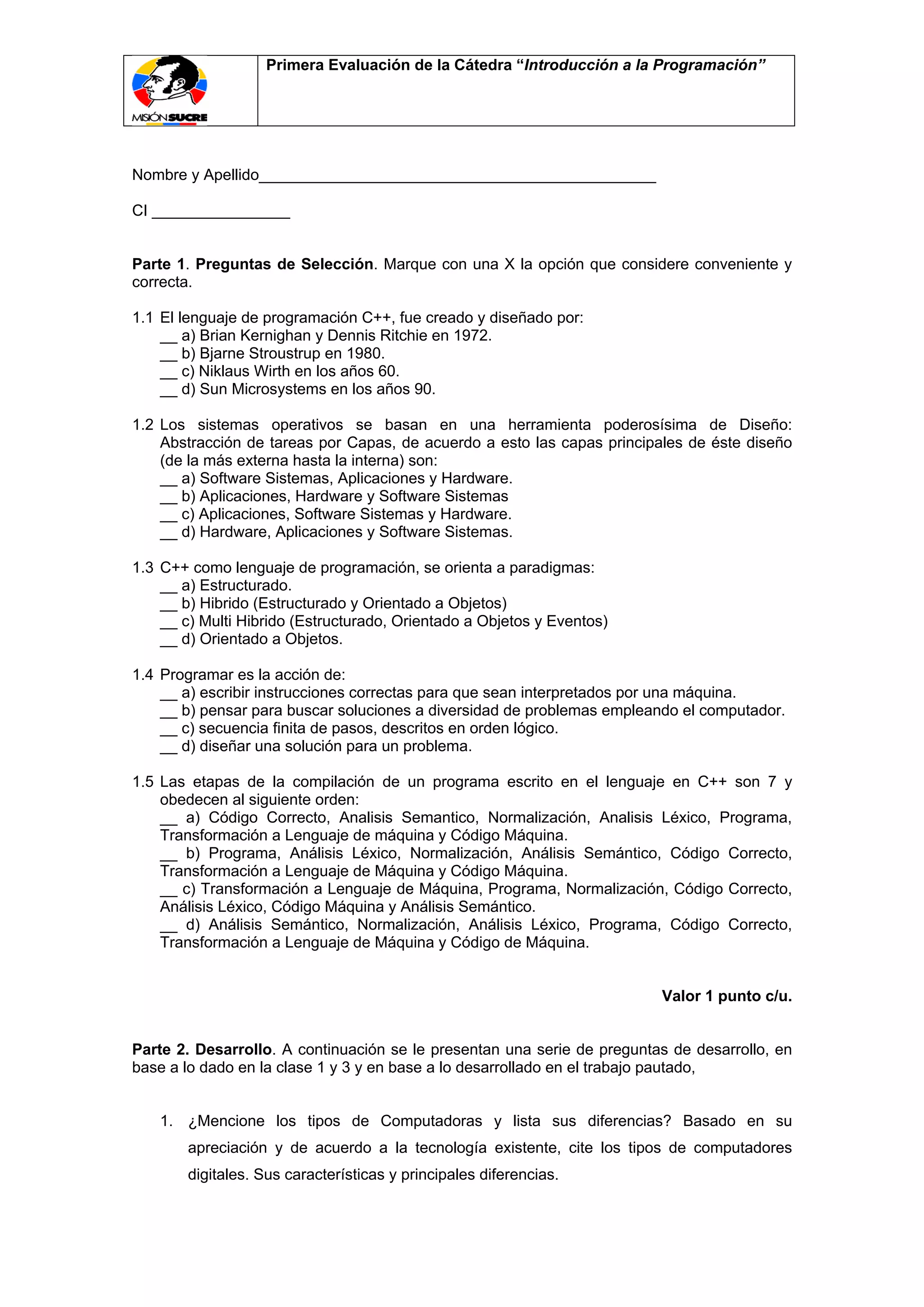 Examen Parcial 1 Introduccion Programacion