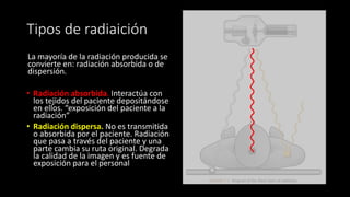 Tipos de radiaición
La mayoría de la radiación producida se
convierte en: radiación absorbida o de
dispersión.
• Radiación absorbida. Interactúa con
los tejidos del paciente depositándose
en ellos. “exposición del paciente a la
radiación”
• Radiación dispersa. No es transmitida
o absorbida por el paciente. Radiación
que pasa a través del paciente y una
parte cambia su ruta original. Degrada
la calidad de la imagen y es fuente de
exposición para el personal
 