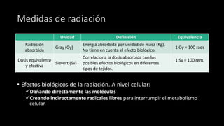 Medidas de radiación
Unidad Definición Equivalencia
Radiación
absorbida
Gray (Gy)
Energía absorbida por unidad de masa (Kg).
No tiene en cuenta el efecto biológico.
1 Gy = 100 rads
Dosis equivalente
y efectiva
Sievert (Sv)
Correlaciona la dosis absorbida con los
posibles efectos biológicos en diferentes
tipos de tejidos.
1 Sv = 100 rem.
• Efectos biológicos de la radiación. A nivel celular:
✓Dañando directamente las moléculas
✓Creando indirectamente radicales libres para interrumpir el metabolismo
celular.
 