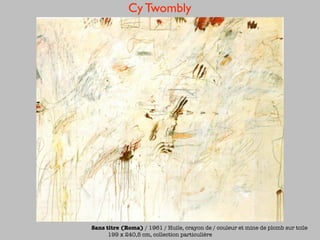 Cy Twombly




Sans titre (Roma) / 1961 / Huile, crayon de / couleur et mine de plomb sur toile
      199 x 240,5 cm, collection particulière
 