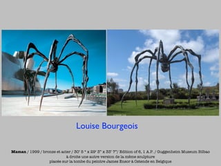 Louise Bourgeois

Maman / 1999 / bronze et acier / 30’ 5 “ x 29‘ 3” x 33’ 7”/ Edition of 6, 1 A.P. / Guggenheim Museum Bilbao
                            à droite une autre version de la même sculpture
                  placée sur la tombe du peintre James Ensor à Ostende en Belgique
 