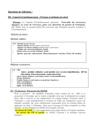 Questions de réflexions :
Q1 : Capacité d’autofinancement : Principe et méthodes de calcul
Principe : La Capacité d'Autofinancement représente l'ensemble des ressources,
dégagées au cours de l'exercice, grâce aux opérations de gestion de l'entreprise.
Elle définit donc le montant global des ressources que l'entreprise pourrait consacrer à
l'Autofinancement
Méthodes de calcul :
Méthode additive
Méthode soustractive :
Q2 : Traitement Financier des EENE
Pour se procurer des liquidités l’entreprise remet certains de ses effets à sa
possession à l’escompte qui se traduit comptable ment par la diminution du compte
client effet à recevoir et une augmentation du compte banque. Toutefois même si
l’entreprise a reçu immédiatement le montant de l’effet par anticipation (avant son
échéance normale) elle reste solidairement responsable pour un éventuel défaut de
règlement de client à l’échéance. Ainsi pour le passage du bilan comptable au bilan
financier on doit réintégrer les EENE de la manière suivante
-Au niveau de l’actif, il y aura augmentation de compte clients et Comptes rattachées
- Au niveau des CP et passifs ces EENE s’ajoutent à la rubrique concours
bancaires.
CAF = Résultat net de l’exercice
+ Charges calculées (amortissement et provisions)
- Reprises sur charges calculées (amortissement et provisions)
- Produits nets sur cession d’éléments d’actifs
+ Charges nettes sur cession d’éléments d’actifs
- - Quotte part des subventions d’investissement inscrite à l’état de résultat
CAF = EBE
+ Autres produits ordinaires (sauf produits nets /cession immobilisation, QP des
subventions d’investissements, reprise/provision)
- Autres charges ordinaires (sauf charges nettes/ cessionimmobilisation)
- Charges financières
+ Produits financiers (sauf reprises sur provisions financières)
+ Gains extraordinaires
- Pertes extraordinaires
- Impôts sur les bénéfices
 