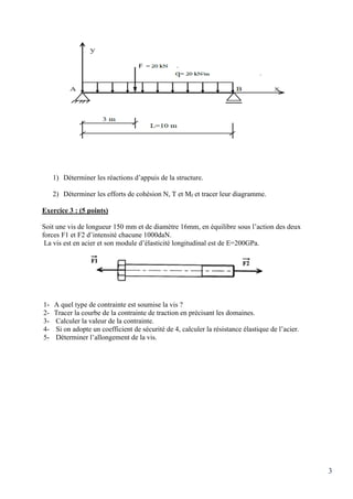 3
1) Déterminer les réactions d’appuis de la structure.
2) Déterminer les efforts de cohésion N, T et Mf et tracer leur diagramme.
Exercice 3 : (5 points)
Soit une vis de longueur 150 mm et de diamètre 16mm, en équilibre sous l’action des deux
forces F1 et F2 d’intensité chacune 1000daN.
La vis est en acier et son module d’élasticité longitudinal est de E=200GPa.
1- A quel type de contrainte est soumise la vis ?
2- Tracer la courbe de la contrainte de traction en précisant les domaines.
3- Calculer la valeur de la contrainte.
4- Si on adopte un coefficient de sécurité de 4, calculer la résistance élastique de l’acier.
5- Déterminer l’allongement de la vis.
 