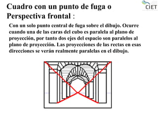 Cuadro con un punto de fuga o
Perspectiva frontal :
Con un solo punto central de fuga sobre el dibujo. Ocurre
cuando una de las caras del cubo es paralela al plano de
proyección, por tanto dos ejes del espacio son paralelos al
plano de proyección. Las proyecciones de las rectas en esas
direcciones se verán realmente paralelas en el dibujo.
 