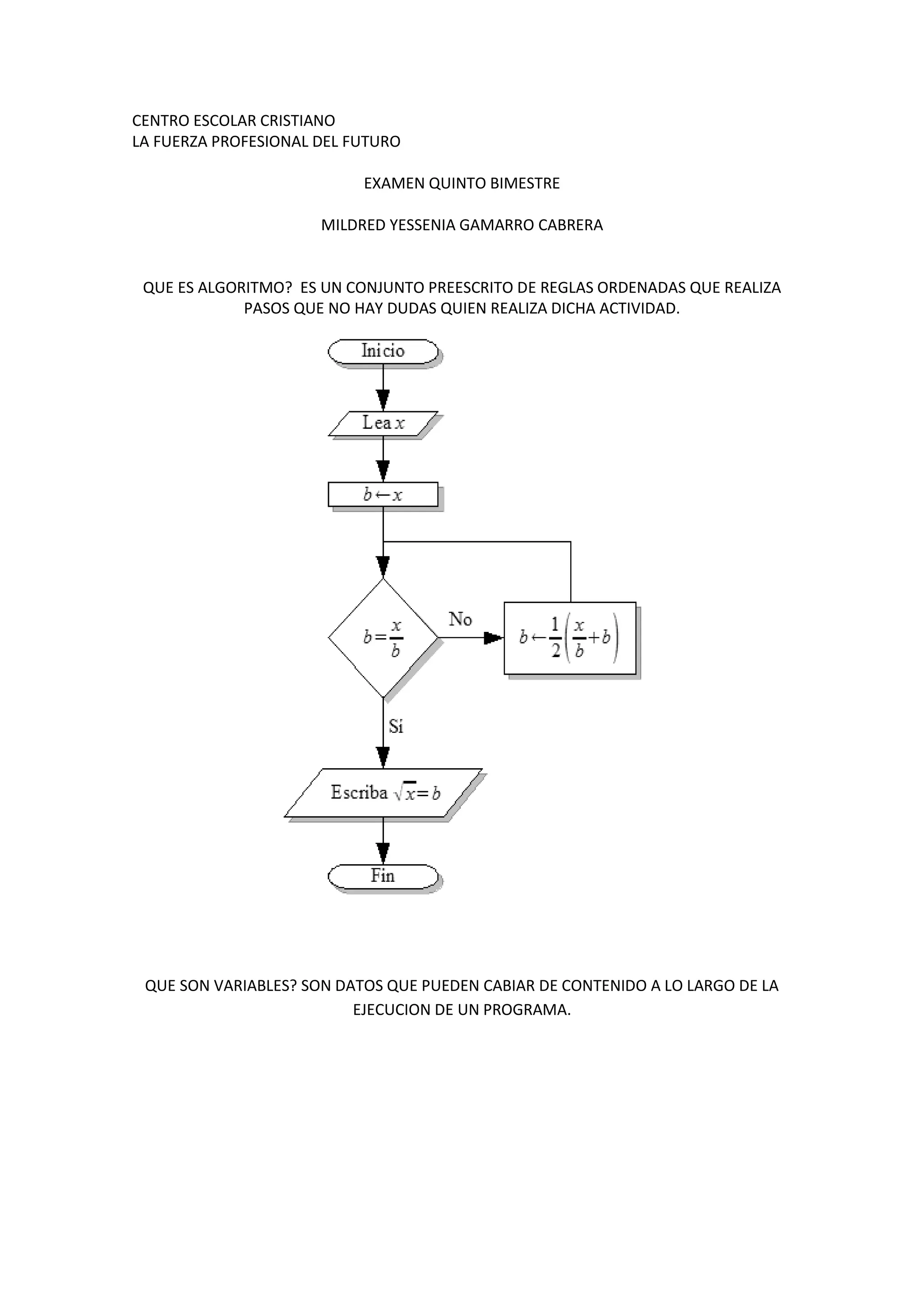 CENTRO ESCOLAR CRISTIANO<br />LA FUERZA PROFESIONAL DEL FUTURO<br />EXAMEN QUINTO BIMESTRE<br />MILDRED YESSENIA GAMARRO CABRERA<br />QUE ES ALGORITMO?  ES UN CONJUNTO PREESCRITO DE REGLAS ORDENADAS QUE REALIZA PASOS QUE NO HAY DUDAS QUIEN REALIZA DICHA ACTIVIDAD.<br />QUE SON VARIABLES? SON DATOS QUE PUEDEN CABIAR DE CONTENIDO A LO LARGO DE LA EJECUCION DE UN PROGRAMA.<br />QUE SON LOS DATOS? SON LOS HECHOS QUE DESCRIBEN SUCESOS Y ENTIDADES. UN TIPO DE DATOS ES LA PARTE QUE INDICA AL PROGRAMADOR.<br />50482568580<br />TIPOS DE DATOS? ES UN ATRIBUTO DE UNA PARTE DE LOS DATOS QUE INDICA AL PROGRAMADOR.<br />TIPO DE DATOS ENTEROS? LOS TIPOS DE DATOS EN COMPUTACION QUE PUEDE REPRESENTAR UN SUBCONJUNTO FINITO DE LOS NUMEROS ENTEROS.<br />TIPO DE DATOS EN COMA FLOTANTE? SE USAN PARA REPRESENTAR LOS NUMEROS CON  PARTES FRACCIONARIOS. HAY 2 TIPOS DE DATOS FLOAT Y DOUBLE.<br />EL PRIMERO RESERVA ALMACENAMIENTO PARA UN NUMERO SIMPLE DE 4 BYTES Y EL SEGUNDO LO HACE PARA UN NUMERO DE 8 BYTES.<br /> <br />TIPO DE DATO CARÁCTER? ES CUALQUIER SIGNO PUEDE SER NUMERO, LETRA, SIGNO DE PUNTUACION O UN ESPACIO. ESTE TERMINO SE USA MUCHO EN COMPUTACION.<br />TIPO DE DATO LOGICO? ESTE TIPO DE DATO EN COMPUTACION QUE PUEDE REPRESENTAR VALORES DE LOGICA BINARIA, VALORES QUE REPRESENTEN VALORES FALSO O VERDADERO.<br />