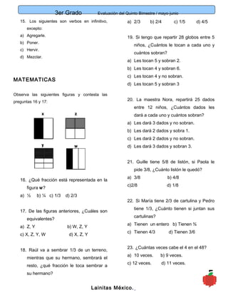3er Grado Evaluación del Quinto Bimestre / mayo-junio
5
15. Los siguientes son verbos en infinitivo,
excepto:
a) Agregarle.
b) Poner.
c) Hervir.
d) Mezclar.
MATEMATICAS
Observa las siguientes figuras y contesta las
preguntas 16 y 17:
16. ¿Qué fracción está representada en la
figura w?
a) ½ b) ¼ c) 1/3 d) 2/3
17. De las figuras anteriores, ¿Cuáles son
equivalentes?
a) Z, Y b) W, Z, Y
c) X, Z, Y, W d) X, Z, Y
18. Raúl va a sembrar 1/3 de un terreno,
mientras que su hermano, sembrará el
resto, ¿qué fracción le toca sembrar a
su hermano?
a) 2/3 b) 2/4 c) 1/5 d) 4/5
19. Si tengo que repartir 28 globos entre 5
niños, ¿Cuántos le tocan a cada uno y
cuántos sobran?
a) Les tocan 5 y sobran 2.
b) Les tocan 4 y sobran 6.
c) Les tocan 4 y no sobran.
d) Les tocan 5 y sobran 3
20. La maestra Nora, repartirá 25 dados
entre 12 niños, ¿Cuántos dados les
dará a cada uno y cuántos sobran?
a) Les dará 3 dados y no sobran.
b) Les dará 2 dados y sobra 1.
c) Les dará 2 dados y no sobran.
d) Les dará 3 dados y sobran 3.
21. Guille tiene 5/8 de listón, si Paola le
pide 3/8, ¿Cuánto listón le quedó?
a) 3/8 b) 4/8
c)2/8 d) 1/8
22. Si María tiene 2/3 de cartulina y Pedro
tiene 1/3, ¿Cuánto tienen si juntan sus
cartulinas?
a) Tienen un entero b) Tienen ¾
c) Tienen 4/3 d) Tienen 3/6
23. ¿Cuántas veces cabe el 4 en el 48?
a) 10 veces. b) 9 veces.
c) 12 veces. d) 11 veces.
Lainitas México.
 