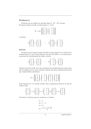 Problema 2.
Construya de ser posible un operador lineal T : R4
→ R4
, tal que:
El espacio propio asociado al valor propio λ = 0 sea
W = gen







1
2
0
0



 ,




0
−1
1
0







y adem´as:
T




0
0
1
1



 =




1
2
0
0



 ; T




0
2
0
0



 =




0
−1
1
0




Soluci´on
Se conoce que el espacio propio asociado al valor propio 0 es el n´ucleo de la
transformaci´on T, por lo tanto tenemos una base del n´ucleo, y en consecuencia,
conocemos las transformadas de dichos vectores
T




1
2
0
0



 =




0
0
0
0



 ; T




0
−1
1
0



 =




0
0
0
0




Tenemos una base de R4
en la que conocemos las transformadas de cada vector
que la conforma, por lo tanto se puede construir una ´unica transformaci´on lineal
que cumpla dichas condiciones:
B =







1
2
0
0



 ,




0
−1
1
0



 ,




0
0
1
1



 ,




0
2
0
0







Todo elemento de V se puede escribir como combinaci´on lineal de la base de
manera ´unica




a
b
c
d



 = α1




1
2
0
0



 + α2




0
−1
1
0



 α3




0
0
1
1



 + α4




0
2
0
0




Al resolver el sistema para los escalaresαi se obtiene:
α1 = a
α2 = c − d
α3 = d
α4 =
b + c − d − 2a
2
5 Angel Guale L.
 