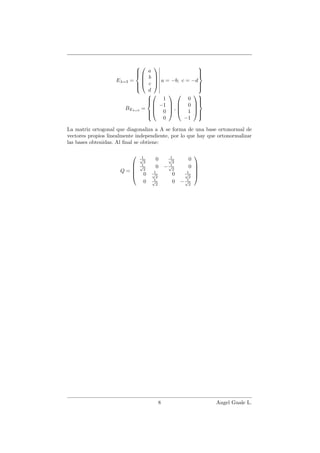 Eλ=3 =







a
b
c
d



 a = −b; c = −d



BEλ=3
=







1
−1
0
0



 ,




0
0
1
−1







La matriz ortogonal que diagonaliza a A se forma de una base ortonormal de
vectores propios linealmente independiente, por lo que hay que ortonormalizar
las bases obtenidas. Al ﬁnal se obtiene:
Q =





1√
2
0 1√
2
0
1√
2
0 − 1√
2
0
0 1√
2
0 1√
2
0 1√
2
0 − 1√
2





8 Angel Guale L.
 