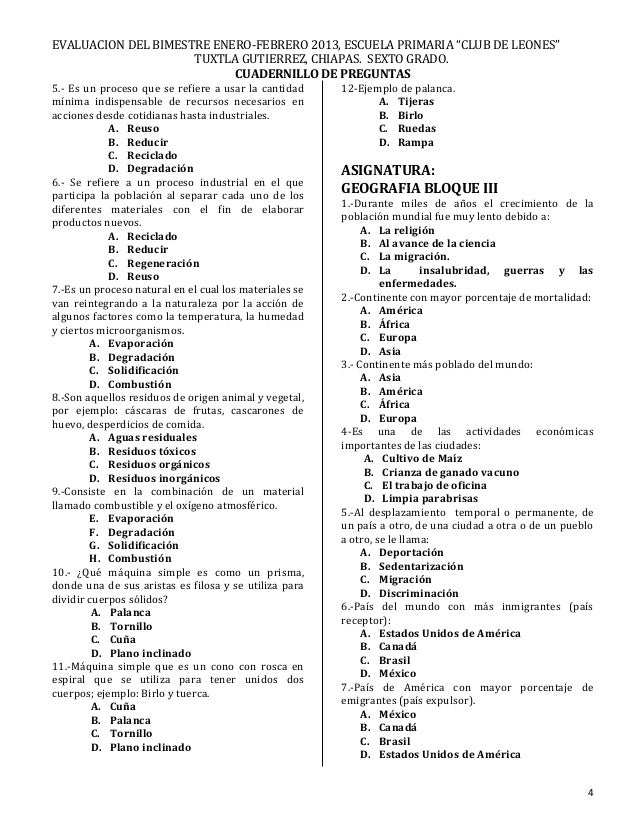 Examen Bimestre 3 Sexto Ano