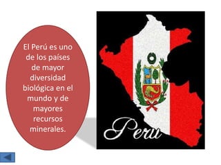 El Perú es uno
de los países
de mayor
diversidad
biológica en el
mundo y de
mayores
recursos
minerales.