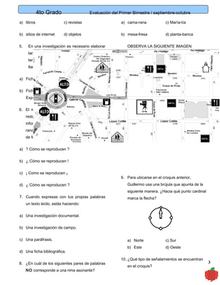 4to Grado

Evaluación del Primer Bimestre / septiembre-octubre

a) libros

c) revistas

a) cama-rana

c) María-tía

b) sitios de internet

d) objetos

b) mesa-fresa

d) planta-banca

5.

En una investigación es necesario elaborar

OBSERVA LA SIGUIENTE IMAGEN

tarjetas que contengan información para el
tema que están investigando. Estás se
llaman:
a) Fichas de trabajo

c) Preguntas

b) Fichas bibliográficas

d)

Exposiciones
6. El maestro pidió al equipo de Susana, que
redactarán

una

pregunta

para

obtener

información acerca de la reproducción de la
rana dorada. ¿Quién de los alumnos lo hizo
de forma correcta?
a) ? Cómo se reproducen ?
b) ¿ Cómo se reproducen !
c) ¡ Como se reproducen ¡
d) ¿ Cómo se reproducen ?

9. Para ubicarse en el croquis anterior,
Guillermo usa una brújula que apunta de la
siguiente manera. ¿Hacia qué punto cardinal

7. Cuando expresas con tus propias palabras

marca la flecha?

un texto leído, estás haciendo:
a) Una investigación documental.
b) Una investigación de campo.
c) Una paráfrasis.
d) Una ficha bibliográfica.
8. ¿En cuál de los siguientes pares de palabras
NO corresponde a una rima asonante?

a) Norte

c) Sur

b) Este

d) Oeste

10. ¿Qué tipo de señalamientos se encuentran
en el croquis?

3

 