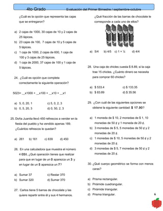 4to Grado

Evaluación del Primer Bimestre / septiembre-octubre

¿Cuál es la opción que representa las cajas

¿Qué fracción de las barras de chocolate le

que se entregaron?

corresponde a cada uno de ellos?

a) 2 cajas de 1000, 30 cajas de 10 y 2 cajas de
25 lápices.
b) 23 cajas de 100, 7 cajas de 10 y 5 cajas de
5 lápices.
c) 1 caja de 1000, 2 cajas de 600, 1 caja de

a) 5/4

b) 4/5

c) 1 + ¼

d) 4/4

100 y 3 cajas de 25 lápices.
d) 1 caja de 2000, 37 cajas de 100 y 1 caja de
28. Una caja de chicles cuesta $ 8.89, si la caja

5 lápices.

trae 15 chicles. ¿Cuánto dinero se necesita
para comprar 60 chicles?

24. ¿Cuál es opción que completa
correctamente la siguiente operación?

a) $ 533.4
5023= __x1000 + __x100 + __x10 + __x1
a) 5, 0, 20, 1

c) 5, 0, 2, 3

b) 0, 5, 20, 3

d) 0, 50, 2, 3

c) $ 133.35

b) $ 83.89

d) $ 35.56

29. ¿Con cuál de las siguientes opciones se
obtiene la siguiente cantidad: $ 17.90?

25. Doña Juanita llevó 450 refrescos a vender en la

a) 1 moneda de $ 10, 2 monedas de $ 1, 10

fiesta del pueblo y ha vendido apenas 189.

monedas de 50 ¢ y 1 moneda de 20 ¢.
b) 3 monedas de $ 5, 5 monedas de 50 ¢ y 2

¿Cuántos refrescos le quedan?

monedas de 20 ¢.
a) 261

b) 161

c) 639

d) 450

c) 1 monedas de $ 10, 5 monedas de 50 ¢ y 2
monedas de 20 ¢.

26. En una calculadora que muestra el número
4 058, ¿Qué operación tienes que realizar

d) 3 monedas de $ 5, 7 monedas de 50 ¢ y 2
monedas de 20 ¢.

para que en lugar de un 0 aparezca un 3 y
en lugar de un 5 aparezca un 7?

30. ¿Qué cuerpo geométrico se forma con menos
caras?

a) Sumar 37

c) Restar 370

b) Sumar 320

d) Sumar 370

a) Prisma rectangular.
b) Pirámide cuadrangular.

27. Carlos tiene 5 barras de chocolate y las
quiere repartir entre él y sus 4 hermanos.

c) Pirámide triangular.
d) Prisma triangular.

6

 