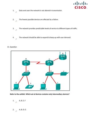 1. Data sent over the network is not altered in transmission.
2. The fewest possible devices are affected by a failure.
3. The network provides predictable levels of service to different types of traffic.
4. The network should be able to expand to keep up with user demand.
15. Question
Refer to the exhibit. Which set of devices contains only intermediary devices?
1. A, B, E, F
2. A, B, D, G
 