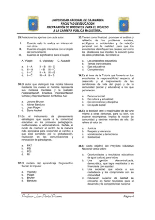 UNIVERSIDAD NACIONAL DE CAJAMARCA
FACULTAD DE EDUCACIÓN
PREPARACIÓN DE DOCENTES PARA EL INGRESO
A LA CARRERA PÚBLICA MAGISTERIAL
Profesor Juan Portal PizarroProfesor Juan Portal PizarroProfesor Juan Portal PizarroProfesor Juan Portal Pizarro Página 4
29.Relacione los aportes con cada autor:
I. Cuando esto lo realiza en interacción
con otros
II. Cuando el sujeto interactúa con el objeto
del conocimiento
III. Cuando es significativo para el sujeto
A. Piaget B. Vigostsky C. Ausubel
a. I – A II – B III - C
b. II – A I – B III – C
c. I – C II – A III – B
d. I – C III – A II – B
30.El Autor que distinguió tres modos básicos
mediante los cuales el hombre representa
sus modelos mentales y la realidad:
Representación Enactiva, Representación
Icónica y Representación Simbólica, fue:
a. Jerome Bruner
b. Albner Bandura
c. Jean Piaget
d. Davis Asubel
31.Es el instrumento de planeamiento
estratégico que ayuda a la comunidad
educativa en los procesos pedagógicos,
institucionales u administrativos. Señala el
modo de conducir el centro de la manera
más apropiada para responder al cambio a
que está sometido por la globalización,
revolución en las comunicaciones y
renovación de paradigmas.
a. PAT
b. PEI
c. PCI
d. RI
32.El modelo del aprendizaje Cognoscitivo
Social, lo impuso:
a. Vigotsky
b. Piaget
c. Bruner
d. Bandura
33.Tienen como finalidad promover el análisis y
reflexión de los problemas sociales,
ecológicos o ambientales y de relación
personal con la realidad, para que los
estudiantes identifiquen las causas; así como
los obstáculos que impiden la solución justa
de estos problemas. Se refiere a:
a. Los propósitos educativos
b. Temas transversales
c. Ejes educativos
d. Competencias
34.Es el área de la Tutoría que fomenta en los
estudiantes la responsabilidad respecto al
desarrollo y el mejoramiento de las
condiciones de vida del grupo y de la
comunidad (social y educativa) a los que
pertenecen.
a. Personal social
b. De cultura y actualidad
c. De convivencia y disciplina
d. De ayuda social
35.Es la decisión libre y responsable de dar uno
mismo a otras personas, para su bien, sin
esperar recompensa. Implica la noción de
comunidad y sentirse miembro de ella. Se
refiere al valor de:
a. Justicia
b. Respeto y tolerancia
c. socialización y democracia
d. Solidaridad
36.El sexto objetivo del Proyecto Educativo
Nacional versa sobre:
a. Oportunidades y resultados educativos
de igual calidad para todos
b. Una gestión descentralizada,
democrática, que logra resultados y es
financiada con equidad
c. Una sociedad que educa a sus
ciudadanos y los compromete con su
comunidad
d. Educación superior de calidad se
convierte en factor favorable para el
desarrollo y la competitividad nacional
 
