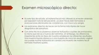 Examen microscópico directo: 
 En este tipo de estudio, el material fecal más utilizado es el recién obtenido 
por expulsión natural del paciente, ya sean heces bien formadas o 
evacuaciones disminuídas de consistencia, con moco y/o sangre. 
 Los exámenes directos de heces son la forma más rápida de hacer 
diagnóstico de parasitosis. 
 Con estas técnicas podemos observar trofozoitos o quistes de protozoarios, 
lo mismo que larvas o huevos de helmintos, sin embargo, las diferencias 
importantes entre los tipos de muestra establecen las diferentes resultados. 
Una muestra líquida diarreica o una muestra de moco en exudado vaginal 
nos puede mostrar trofozoitos en cambio una muestra de materia fecal 
formada mostrara quistes. 
 