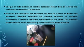 • Coloque en cada etiqueta su nombre completo, fecha y hora de la obtención
y envíela de inmediato al laboratorio.
• Muestras no adecuadas: Son muestras con mas de 2 horas de haber sido
obtenidas, Muestras obtenidas del inodoro. Muestras en cantidad
insuficiente o excesiva. Muestras contaminadas con orina. Las muestras
inadecuadas no serán analizadas y se solicitará una nueva muestra.
 