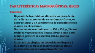CARACTERÍSTICAS MACROSCÓPICAS: HECES
Cantidad:
• Depende de los residuos alimenticios procedente
de la dieta y su contenido en verduras y frutas, es
decir celulosa y de la existencia de estreñimiento o
diarrea en el enfermo.
• Normalmente se elimina entre 150 y 250 gr/día con
régimen vegetariano se llega a 350 gr o mas, y con
régimen proteico se excretan solo 60 gramos
diarios.
• En estado patológico, las deposiciones llegan a 1
kilo diario y se trata de diarreas agudas graves
pueden eliminarse varios litros diarios.
 