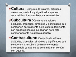 O Cultura:     Conjunto de valores, actitudes,
 creencias, símbolos y significados que son
 compatibles, transmisibles y aprehensibles.

O Subcultura :Conjunto de valores
 actitudes, creencias, símbolos y significados que
 comparten parcialmente de la cultura dominante,
 con proporciones que se apartan pero este
 comportamiento no ataca a aquélla.

O Contracultura:          Conjunto de valores
 actitudes, creencias, símbolos y significados que
 se oponen a la cultura dominante creando
 divergencia ya que no se tiene nada en común
 con aquélla.
 