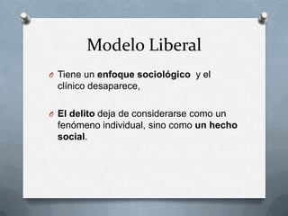 Modelo Liberal
O Tiene un enfoque sociológico y el
 clínico desaparece,

O El delito deja de considerarse como un
 fenómeno individual, sino como un hecho
 social.
 