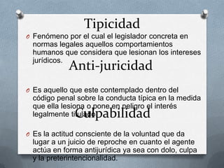 Tipicidad
O Fenómeno por el cual el legislador concreta en
  normas legales aquellos comportamientos
  humanos que considera que lesionan los intereses
  jurídicos.
             Anti-juricidad
O Es aquello que este contemplado dentro del
  código penal sobre la conducta típica en la medida
  que ella lesiona o pone en peligro el interés
              Culpabilidad
  legalmente titulado.

O Es la actitud consciente de la voluntad que da
  lugar a un juicio de reproche en cuanto el agente
  actúa en forma antijurídica ya sea con dolo, culpa
  y la preterintencionalidad.
 